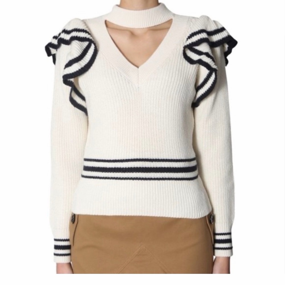 Self-Portrait Avorio Puff‎ Shoulder Knit Sweater Ivory with Navy Trim NWOT